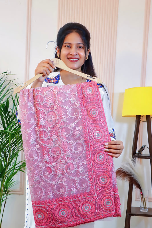 Graceful Pink Net Embroidered Saree