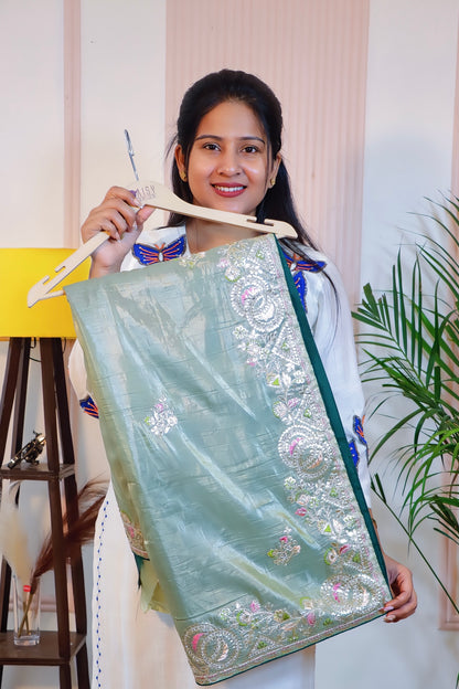 Elegant Mint Green Embroidered Saree
