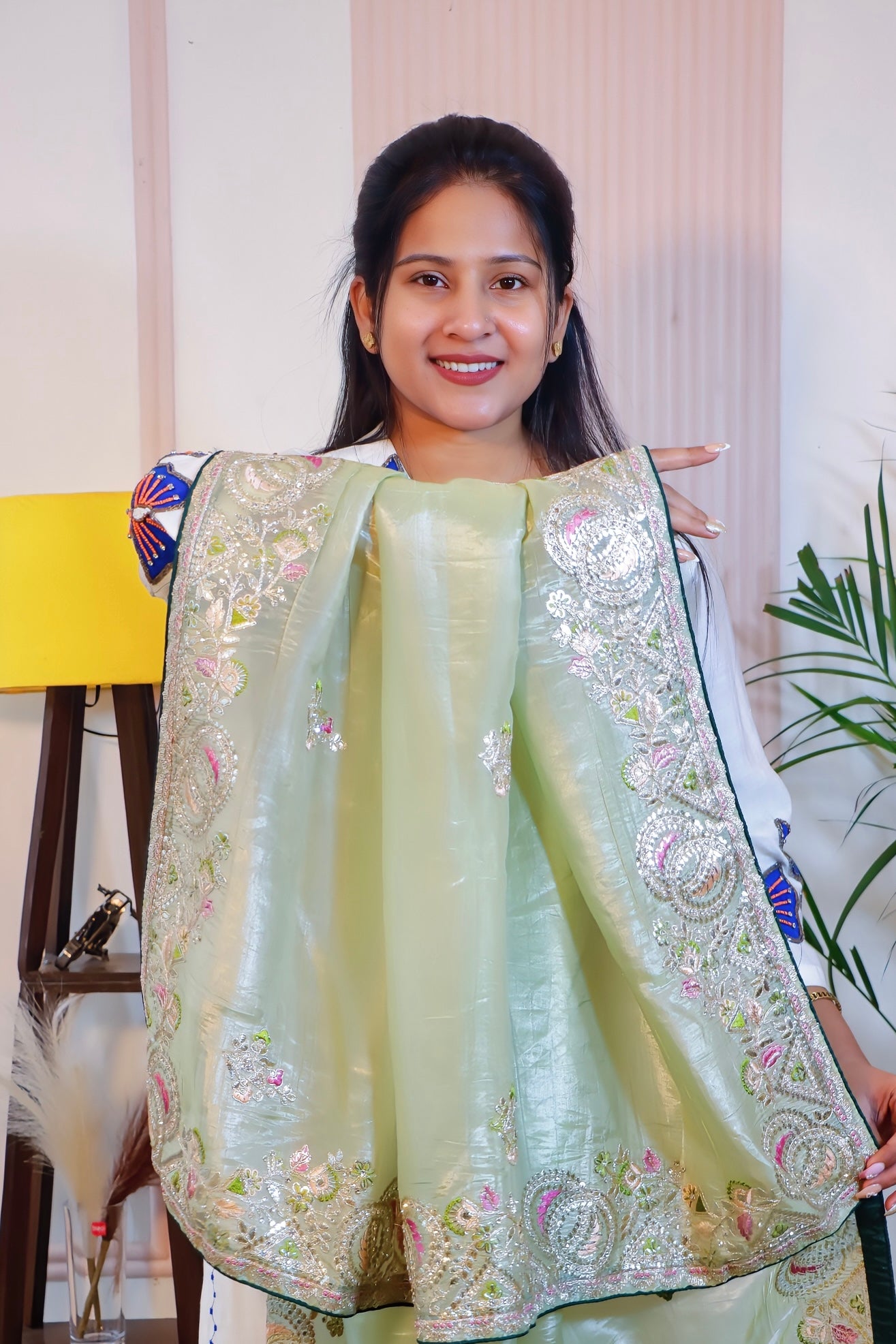 Elegant Mint Green Embroidered Saree