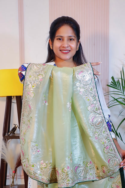 Elegant Mint Green Embroidered Saree