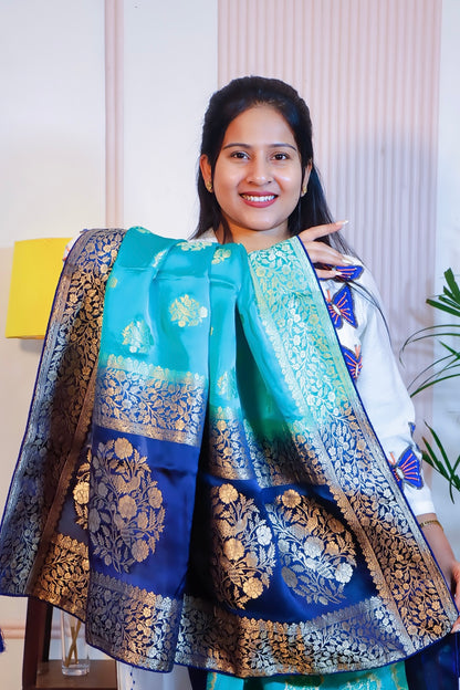 Aqua Blue Banarasi Silk Saree