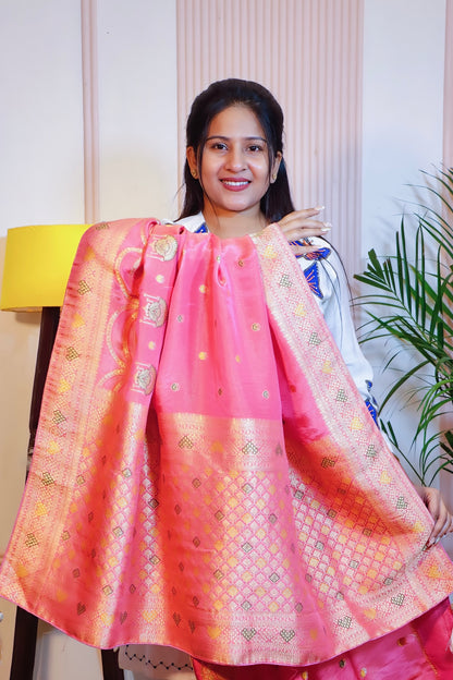 Peach Maroon Banarasi Silk Saree