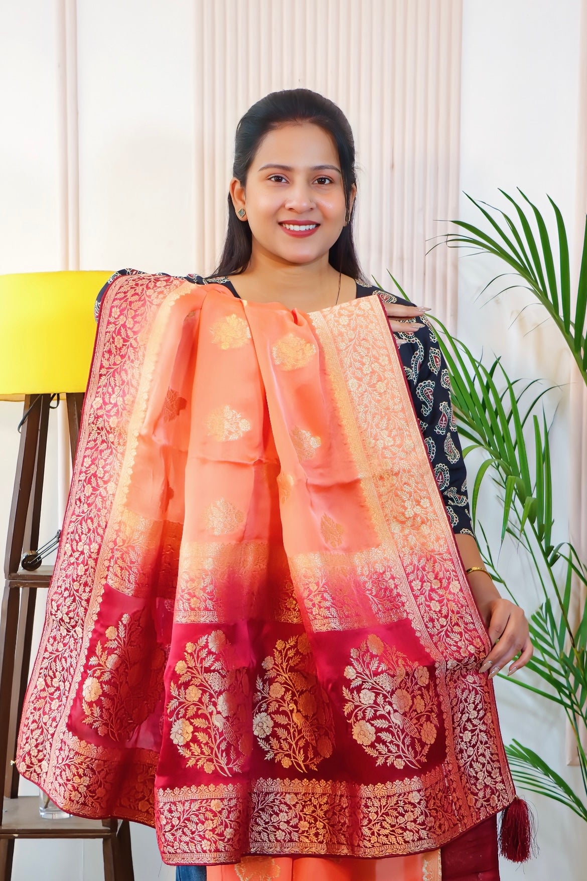 Peach Orange Zari Silk Saree