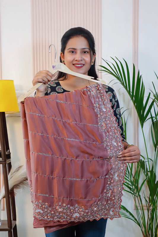 Saddle Brown Satin Unstitched Saree