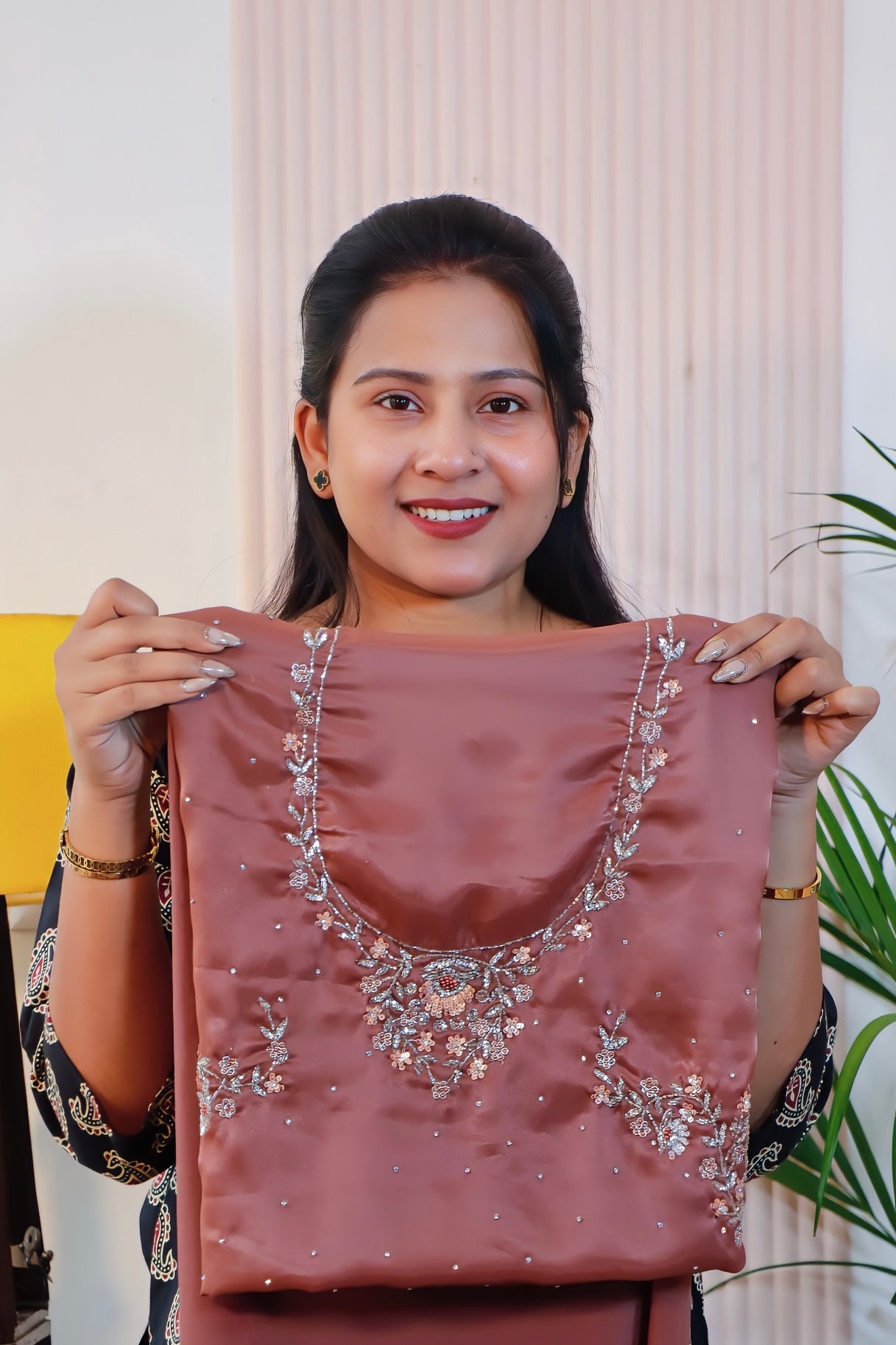 Saddle Brown Satin Unstitched Saree