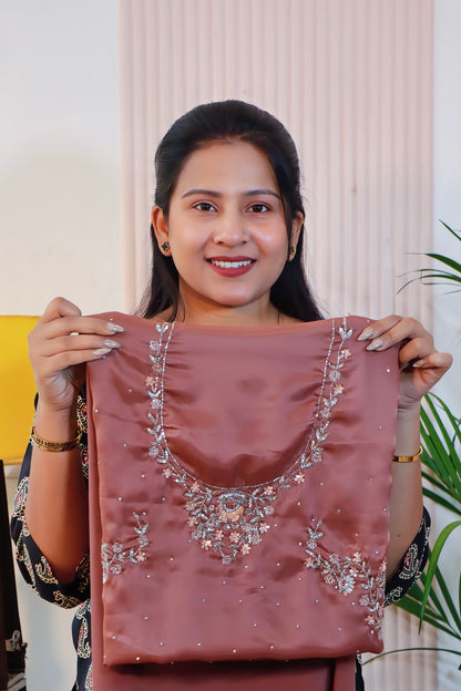 Saddle Brown Satin Unstitched Saree