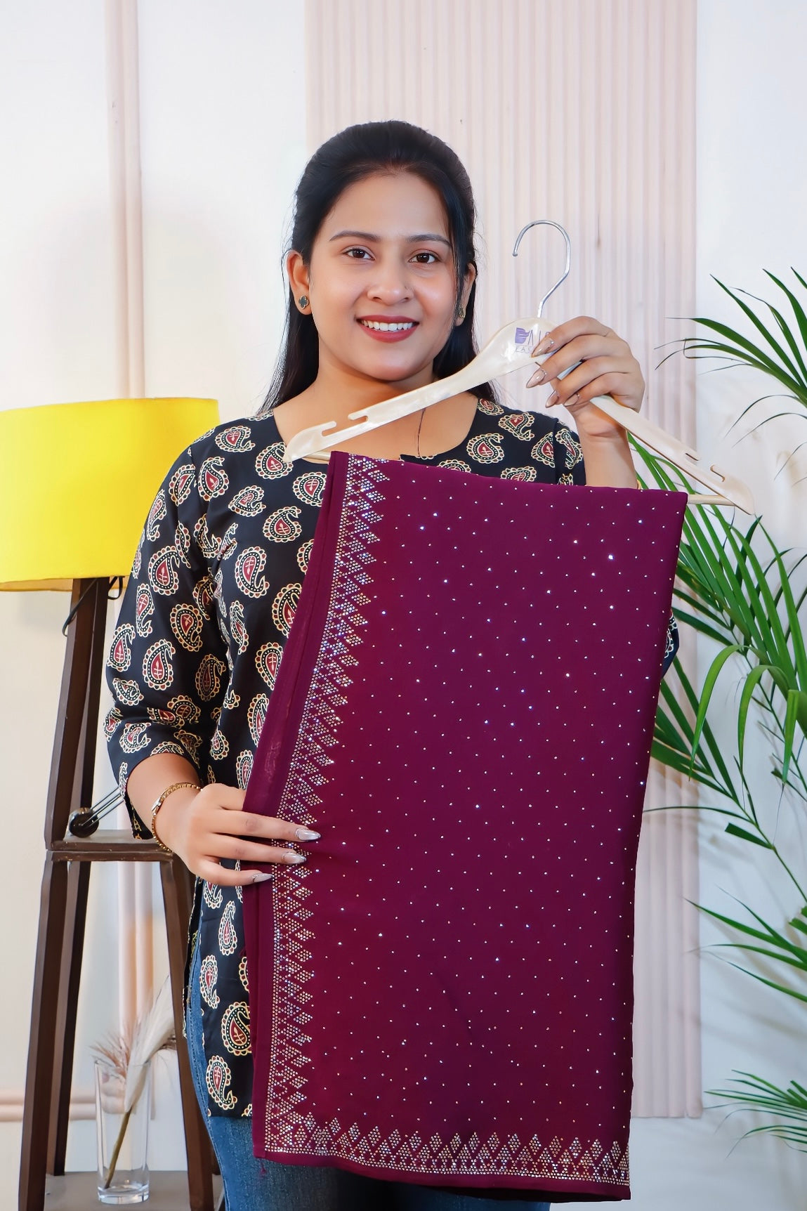 Wine Satin Unstitched Saree