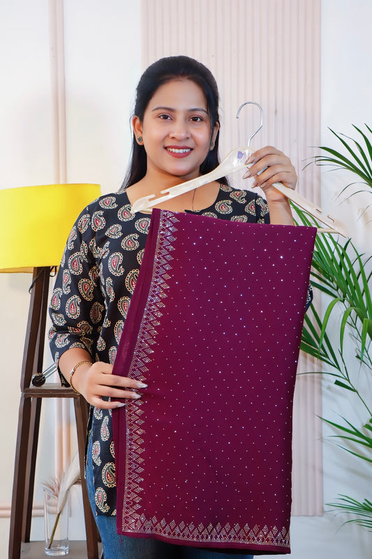 Wine Satin Unstitched Saree