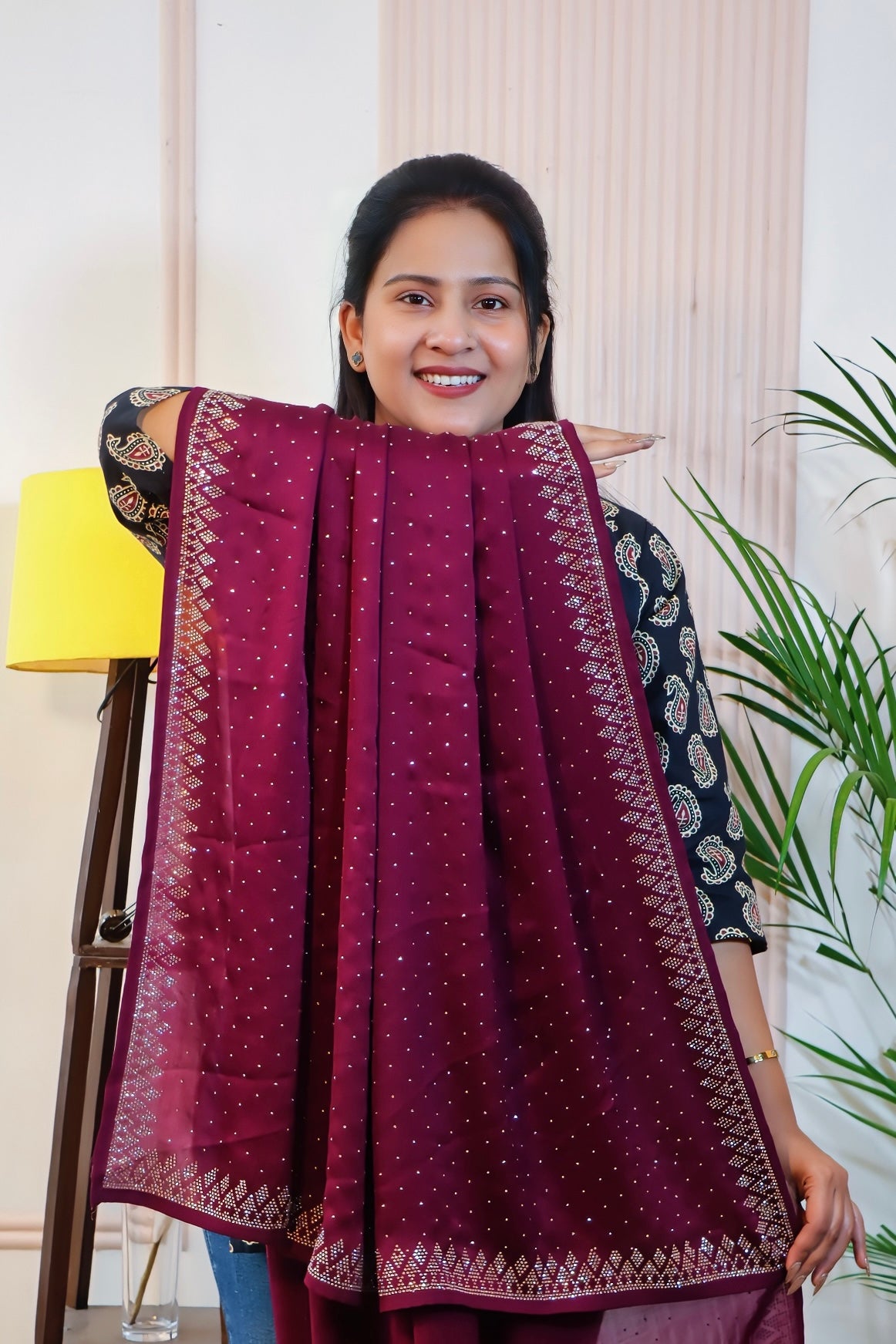 Wine Satin Unstitched Saree