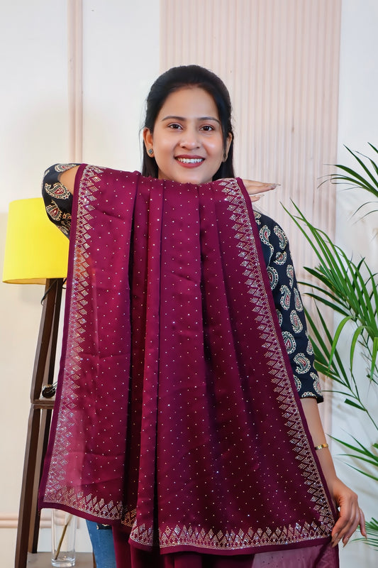 Wine Satin Unstitched Saree