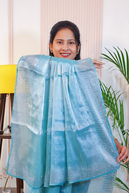 Baby Blue Tissue Crystal Saree