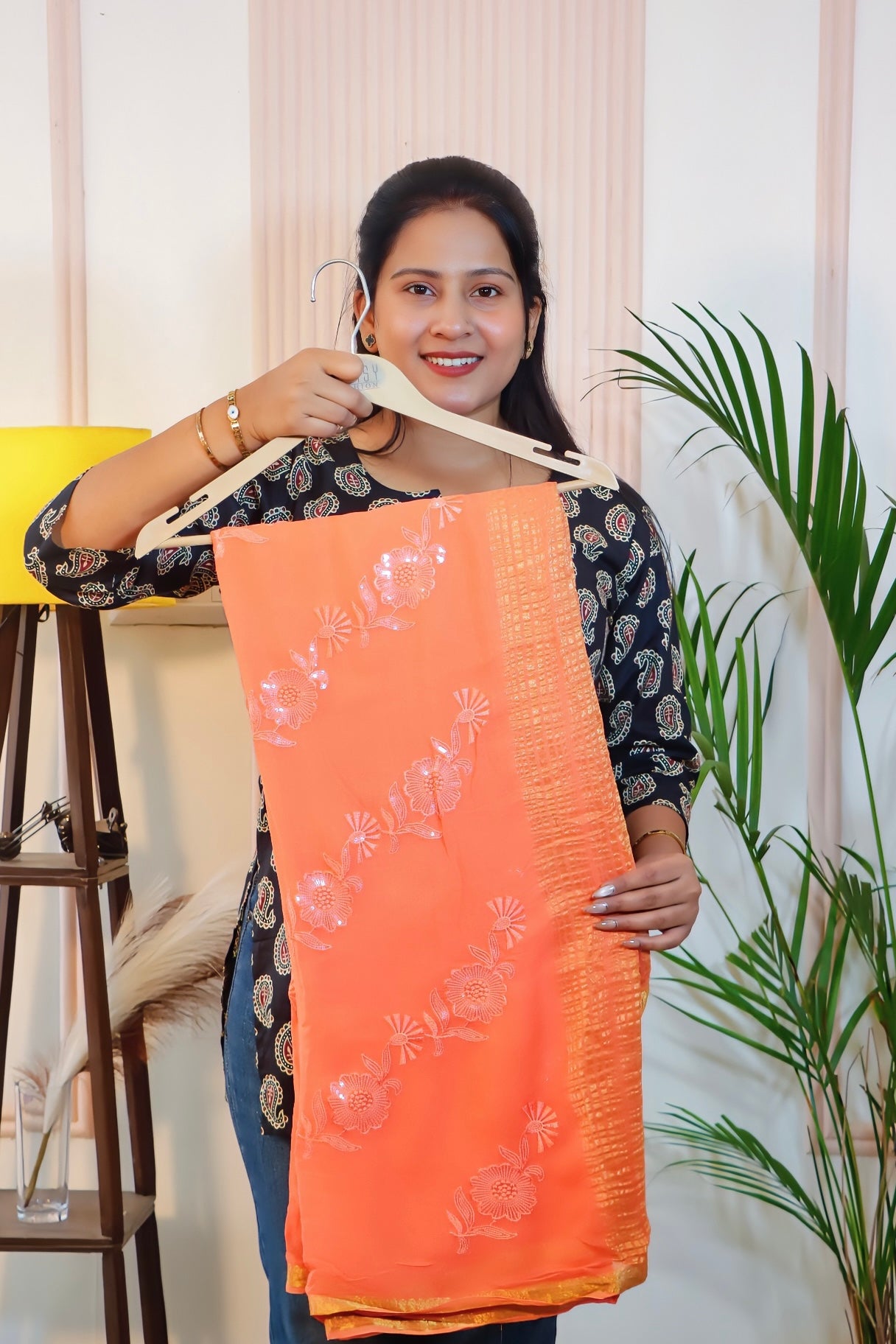 Orange Chiffon Unstitched Saree