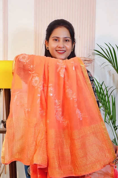 Orange Chiffon Unstitched Saree