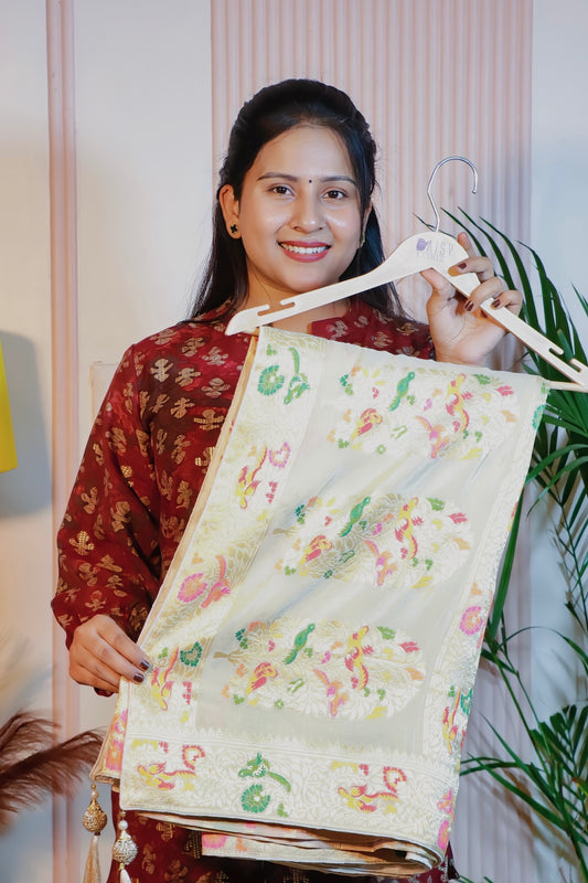 Cream Banarasi Silk Saree