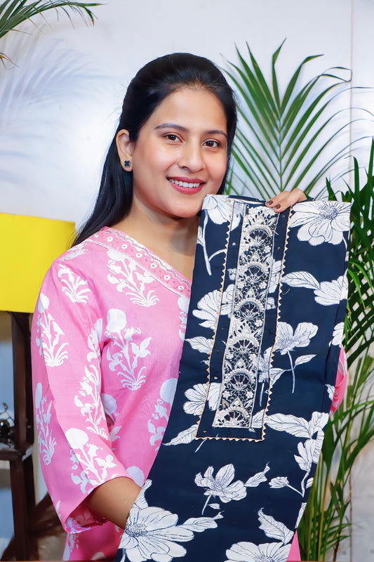 Black Cotton Unstitched Suit