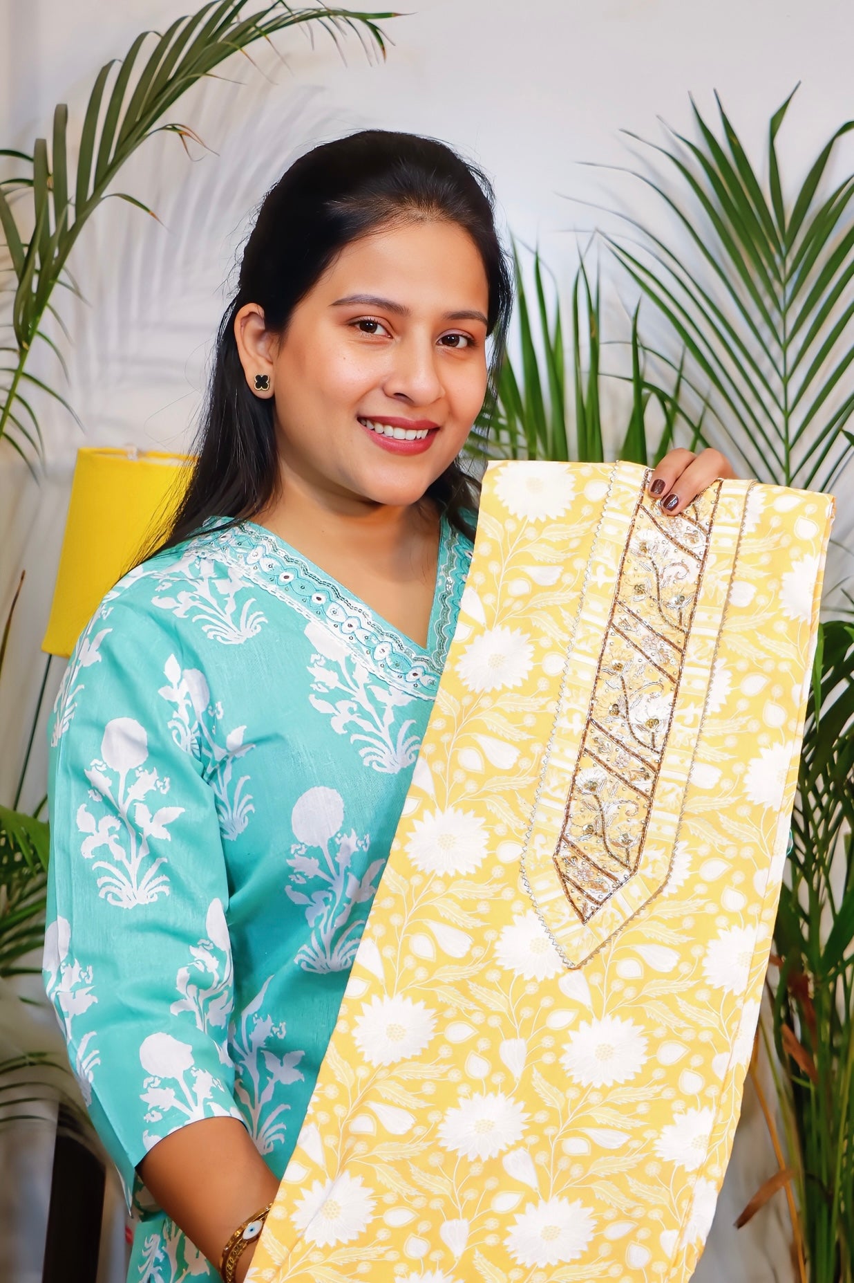 Yellow Cotton Embellished Suit Set