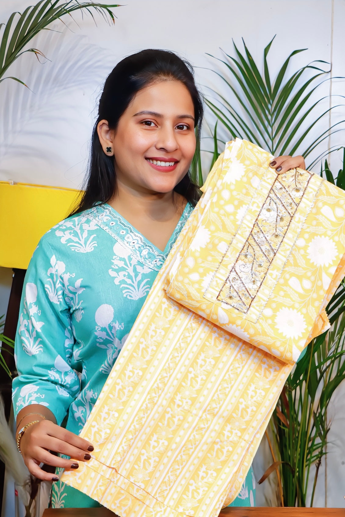 Yellow Cotton Embellished Suit Set