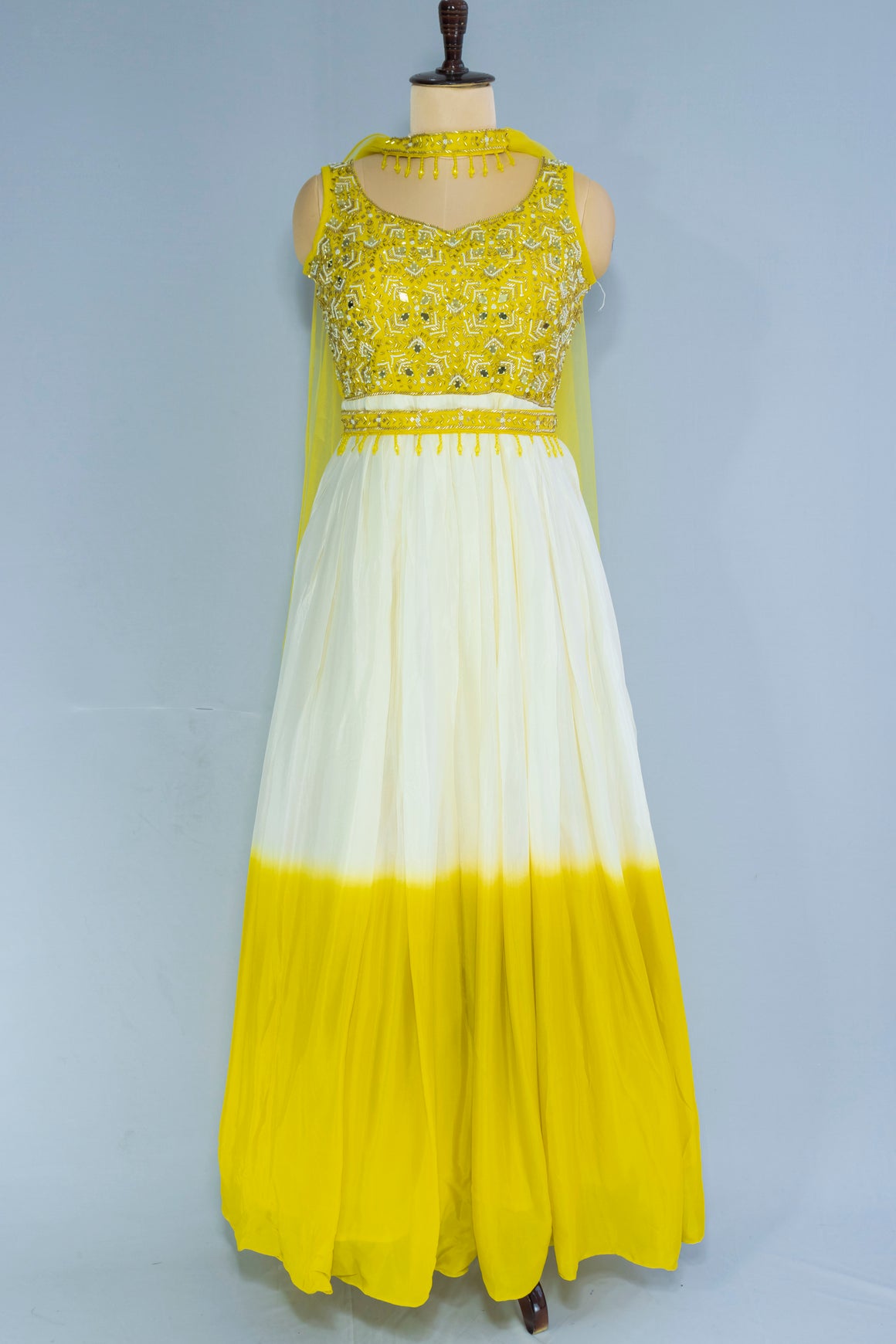 Yellow & White Chiffon Floor-Length Frock with Dupatta