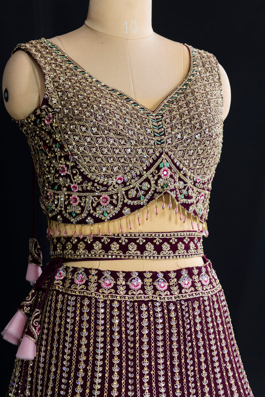 Wine Zari Sequin Crop Top Lehenga