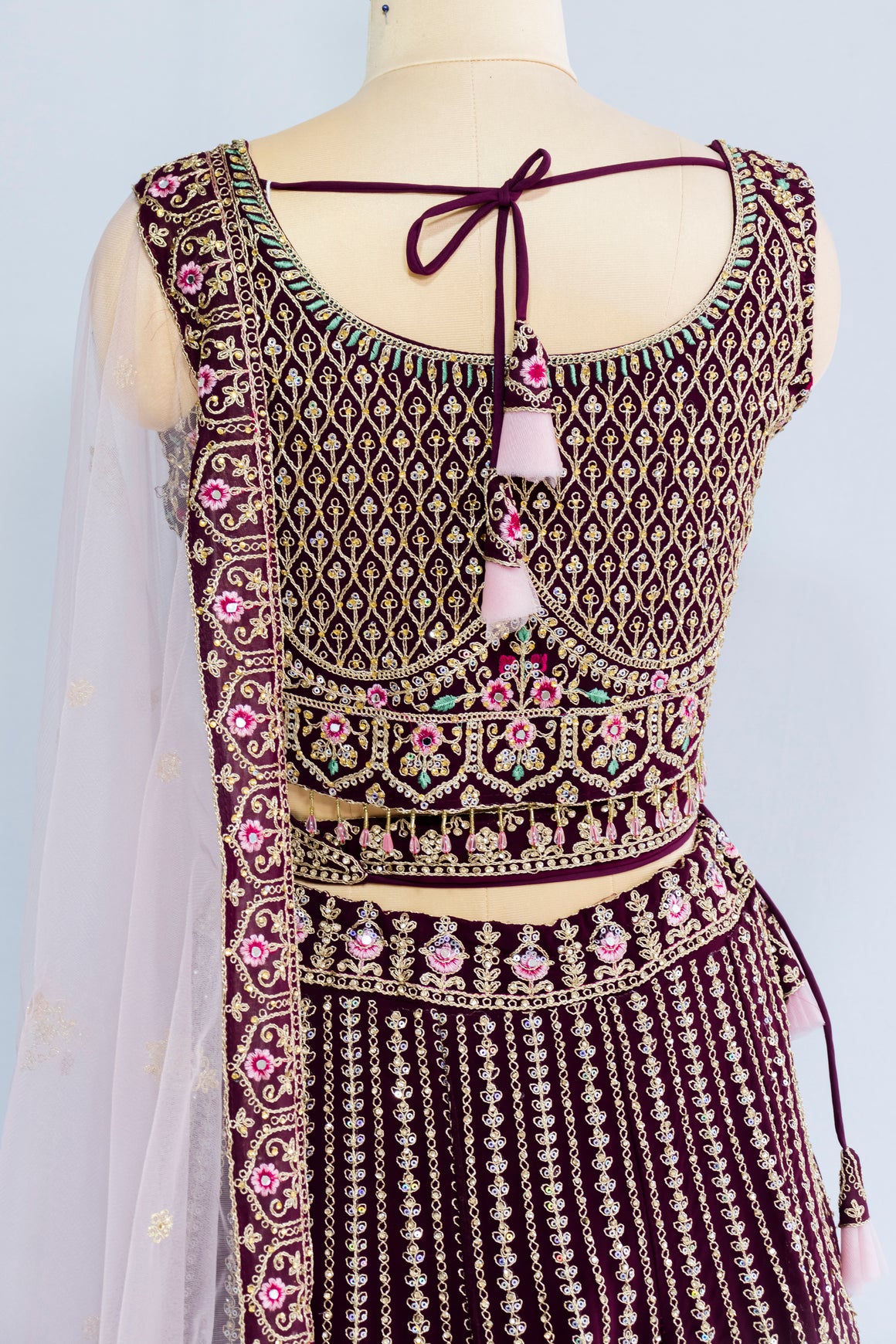 Wine Zari Sequin Crop Top Lehenga