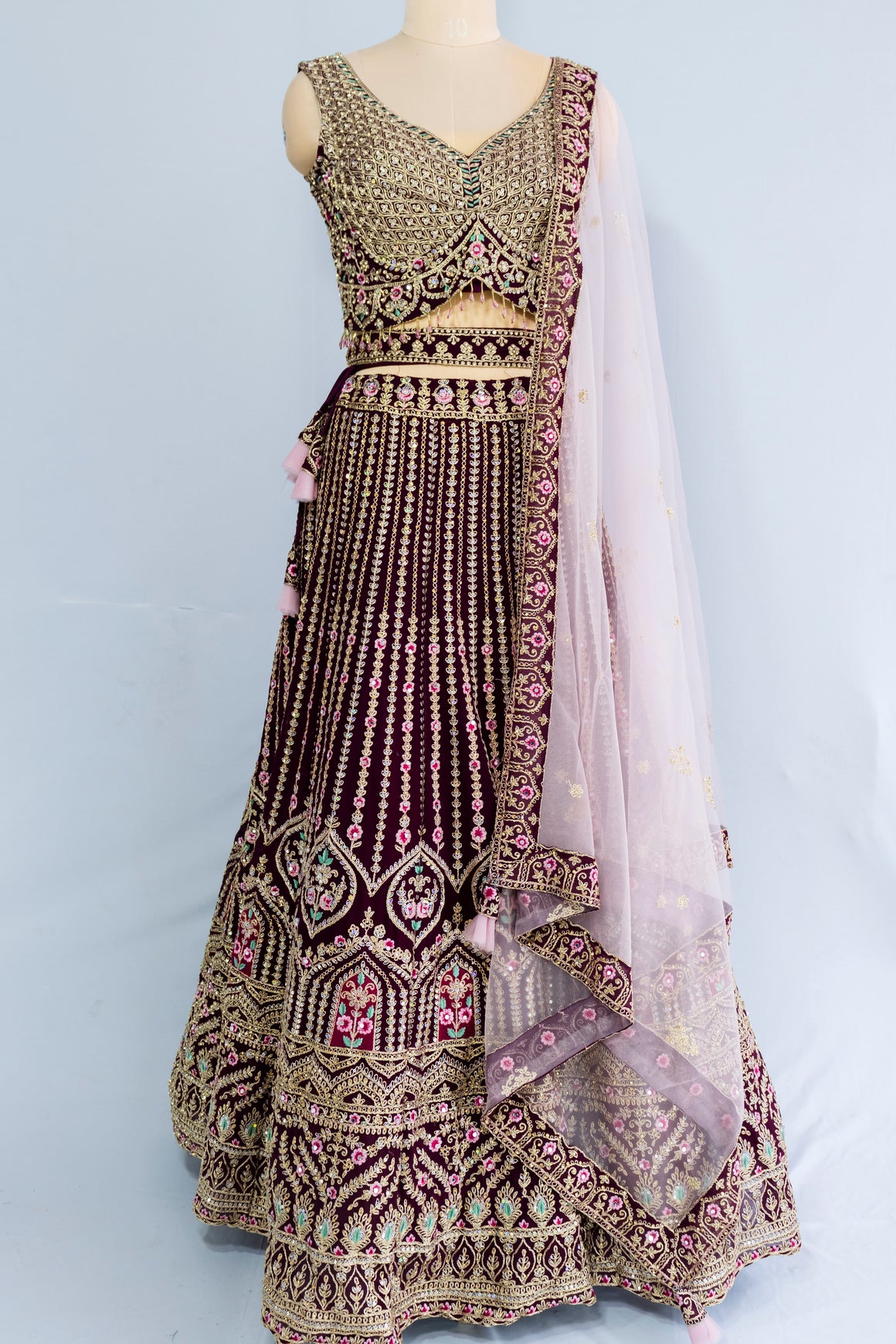 Wine Zari Sequin Crop Top Lehenga