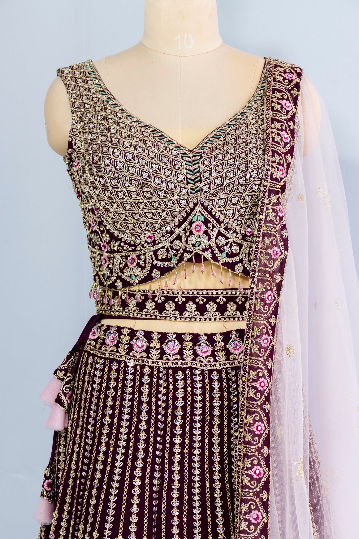 Wine Zari Sequin Crop Top Lehenga