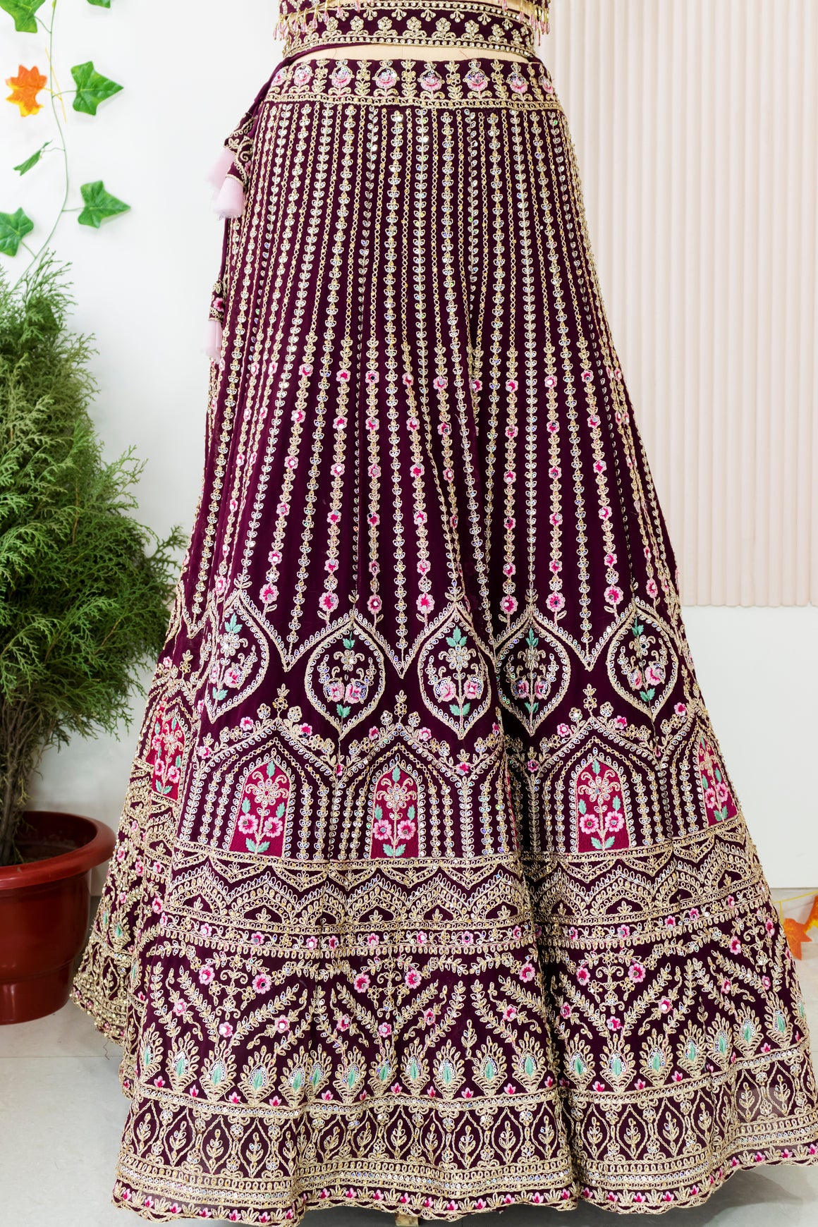 Wine Zari Sequin Crop Top Lehenga