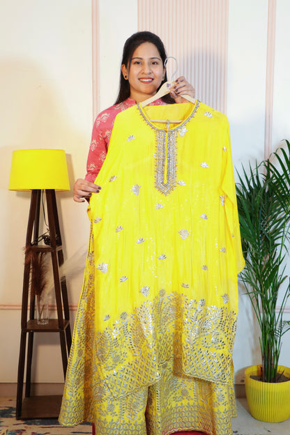 Yellow Chiffon Semi-Stitched Kurti with Palazzo & Dupatta