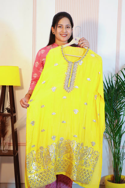 Yellow Chiffon Semi-Stitched Kurti with Palazzo & Dupatta