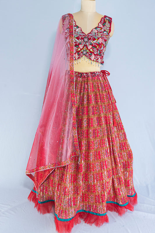 Red Georgette Crop Top Lehenga