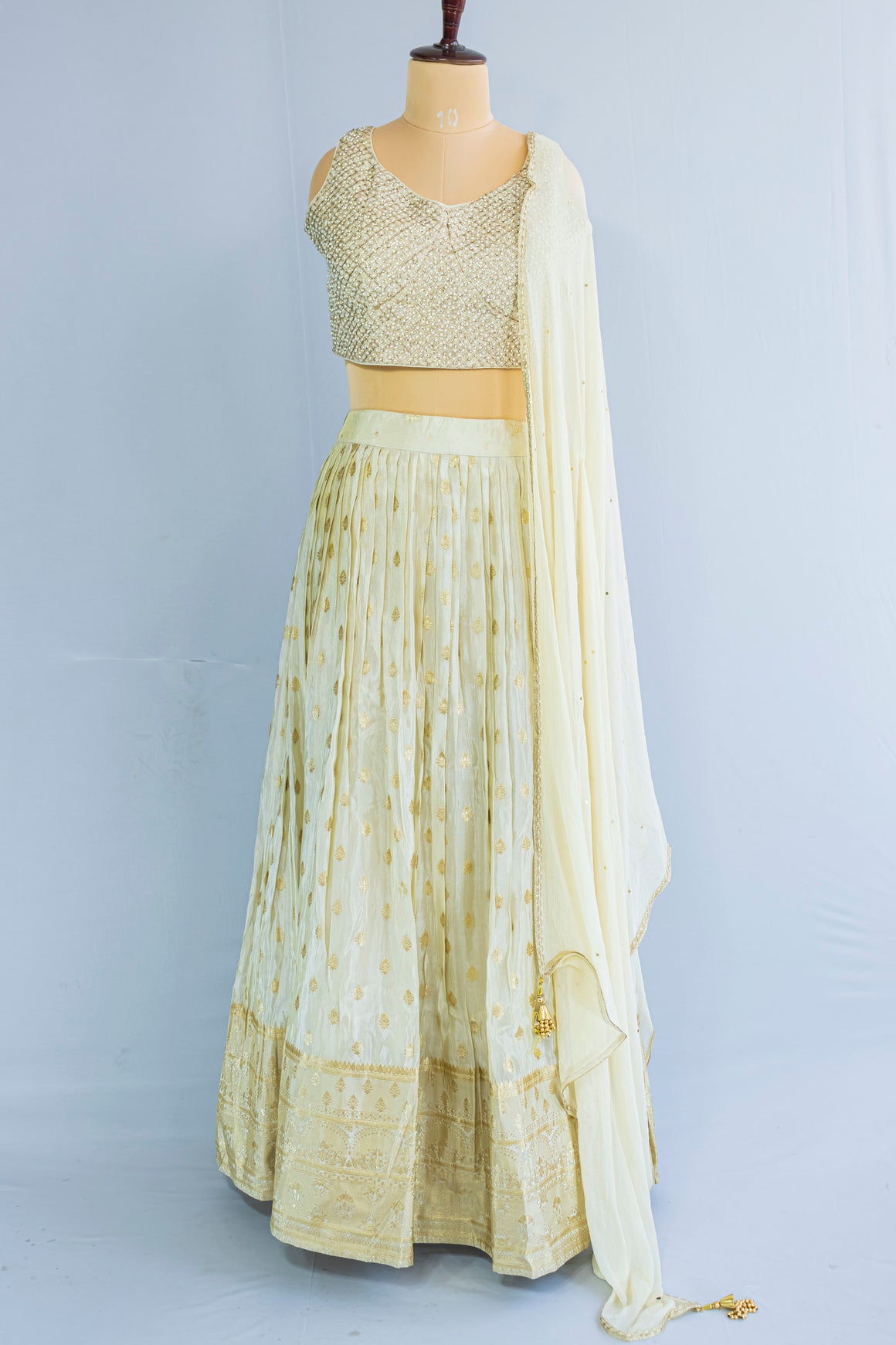 Cream Chanderi Silk Crop Top Lehenga