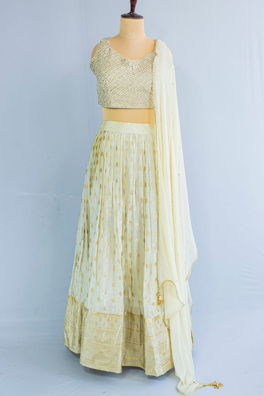 Cream Chanderi Silk Crop Top Lehenga