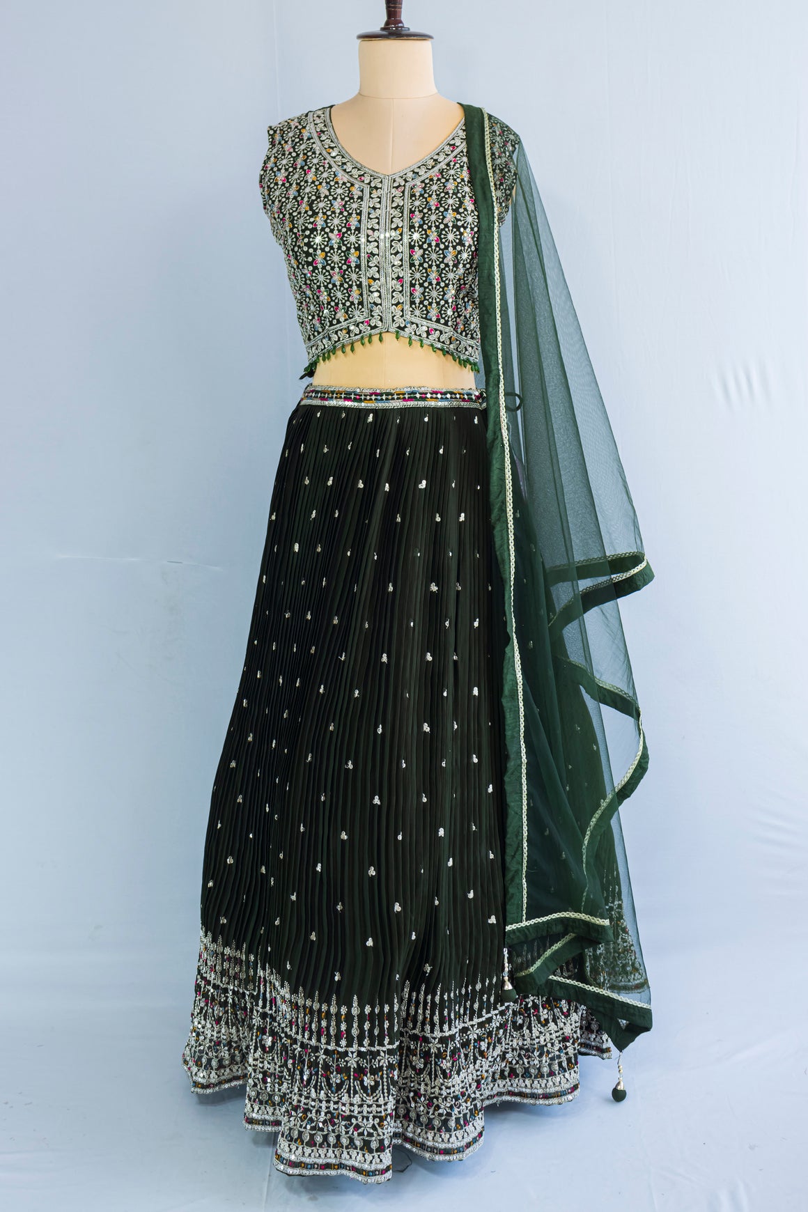 Deep Green Georgette Crop Top Lehenga