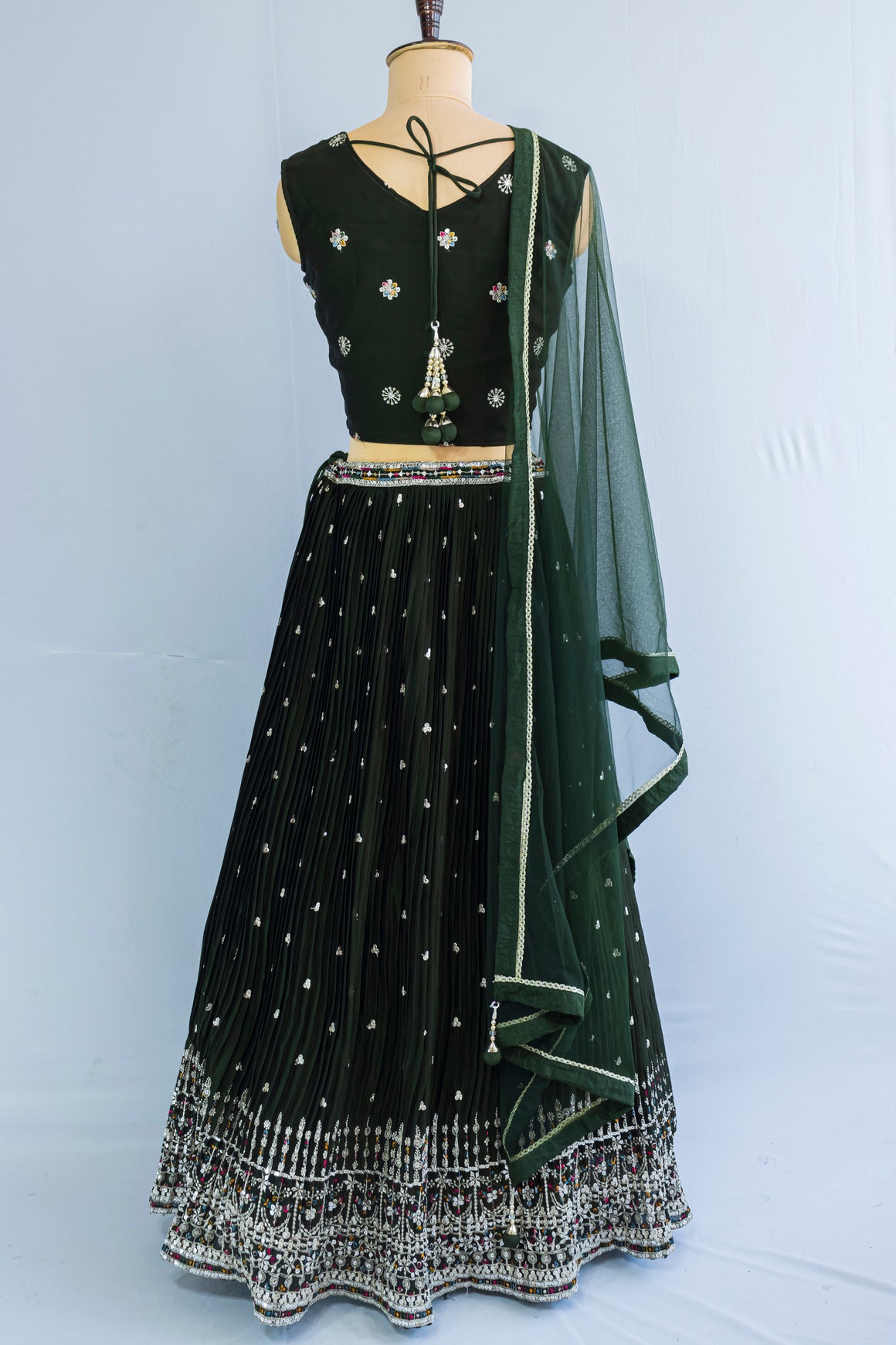 Deep Green Georgette Crop Top Lehenga