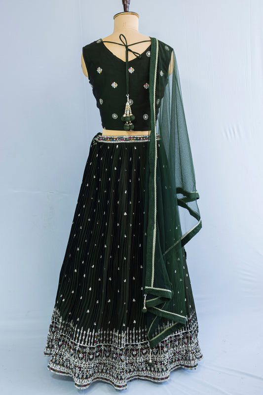 Deep Green Georgette Crop Top Lehenga