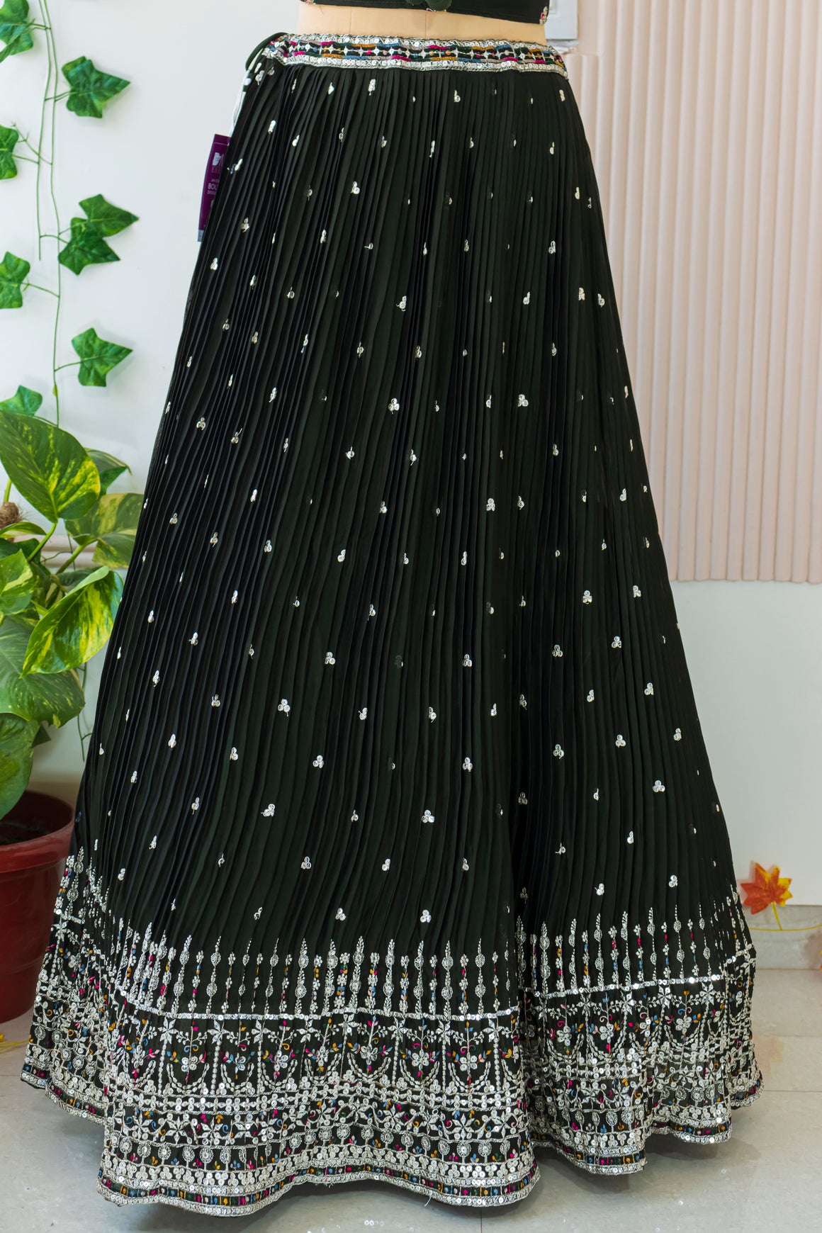 Deep Green Georgette Crop Top Lehenga