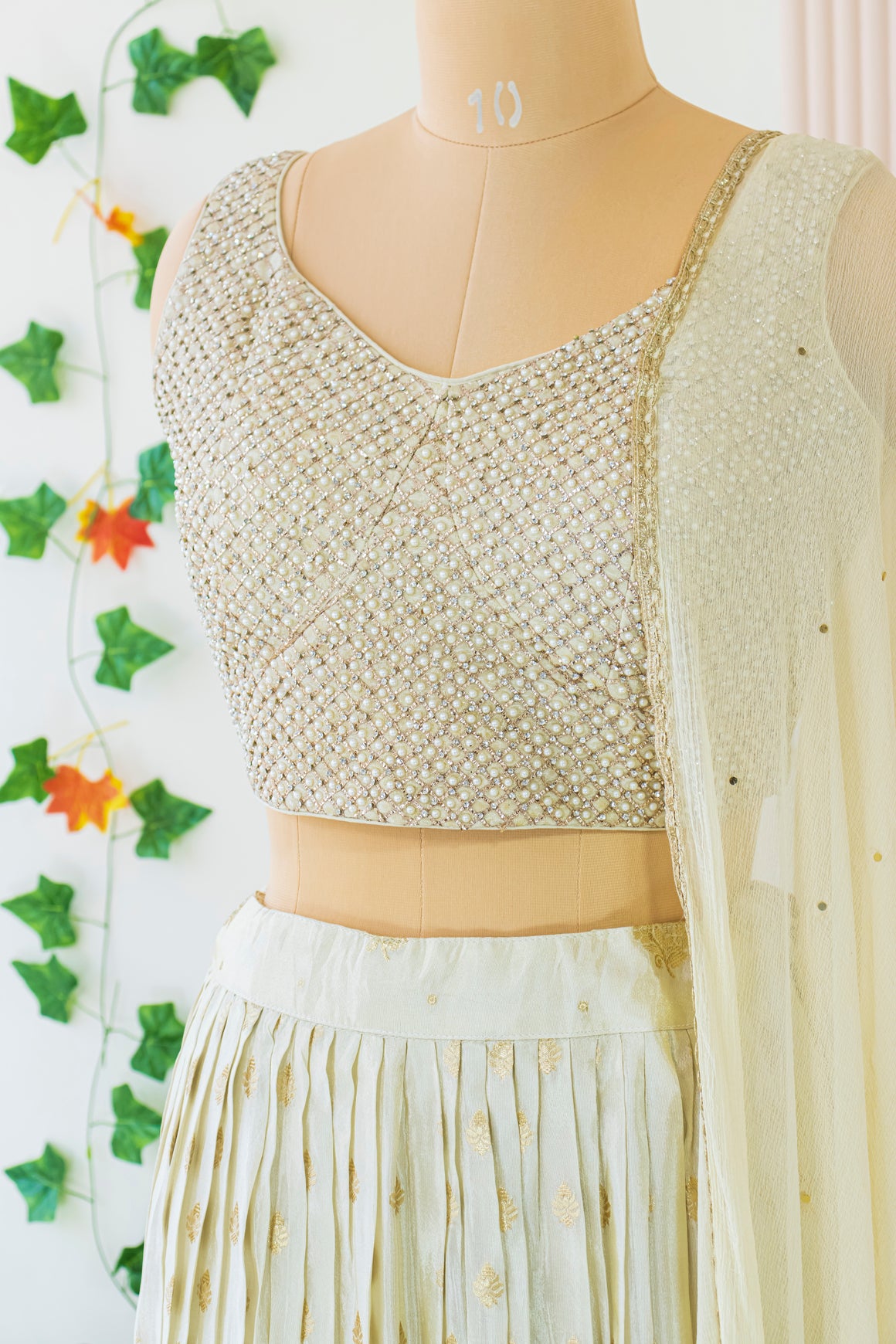 Cream Chanderi Silk Crop Top Lehenga