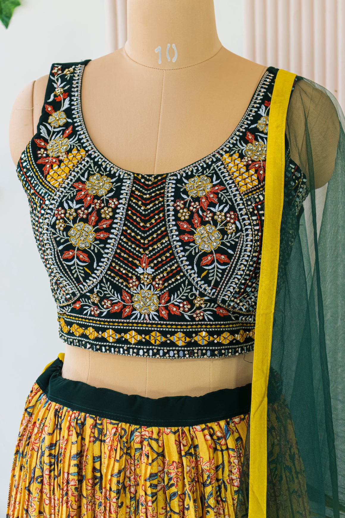 Green & Yellow Georgette Crop Top Lehenga Set