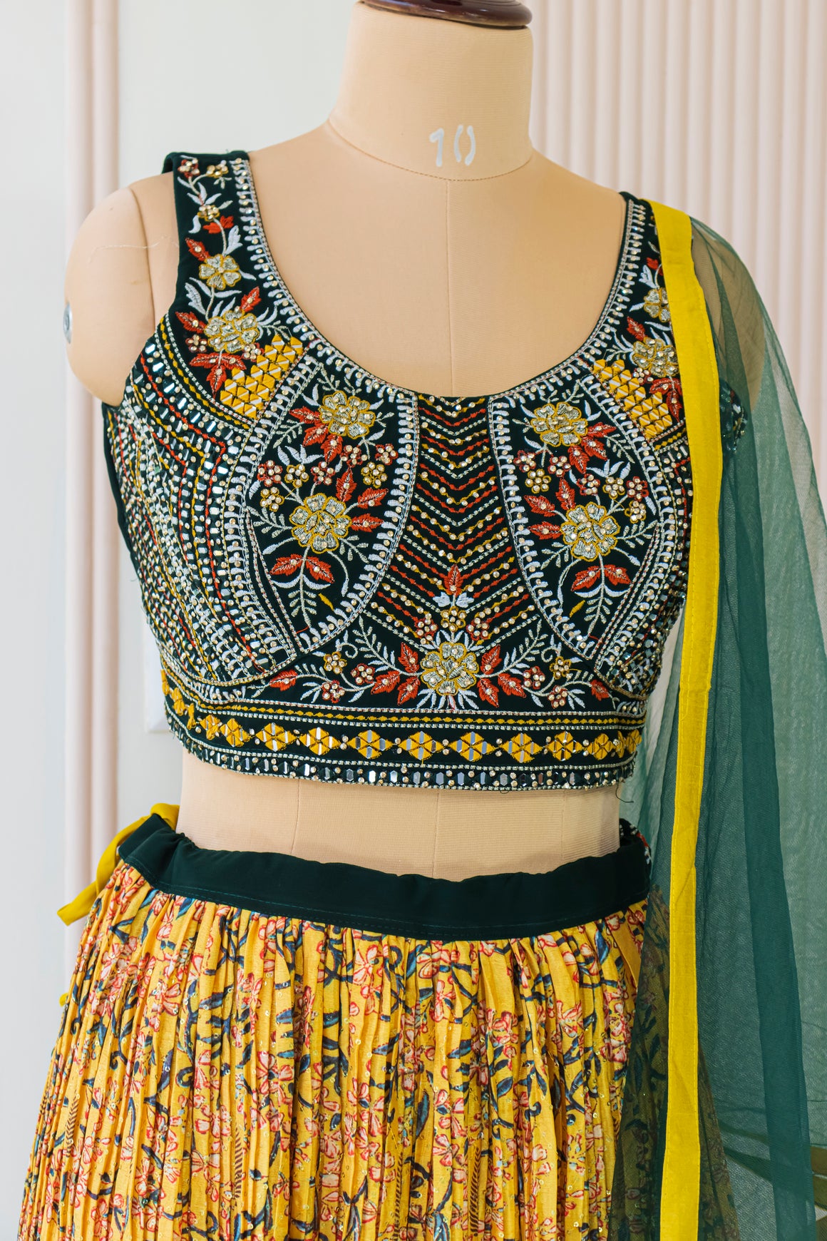 Green & Yellow Georgette Crop Top Lehenga Set