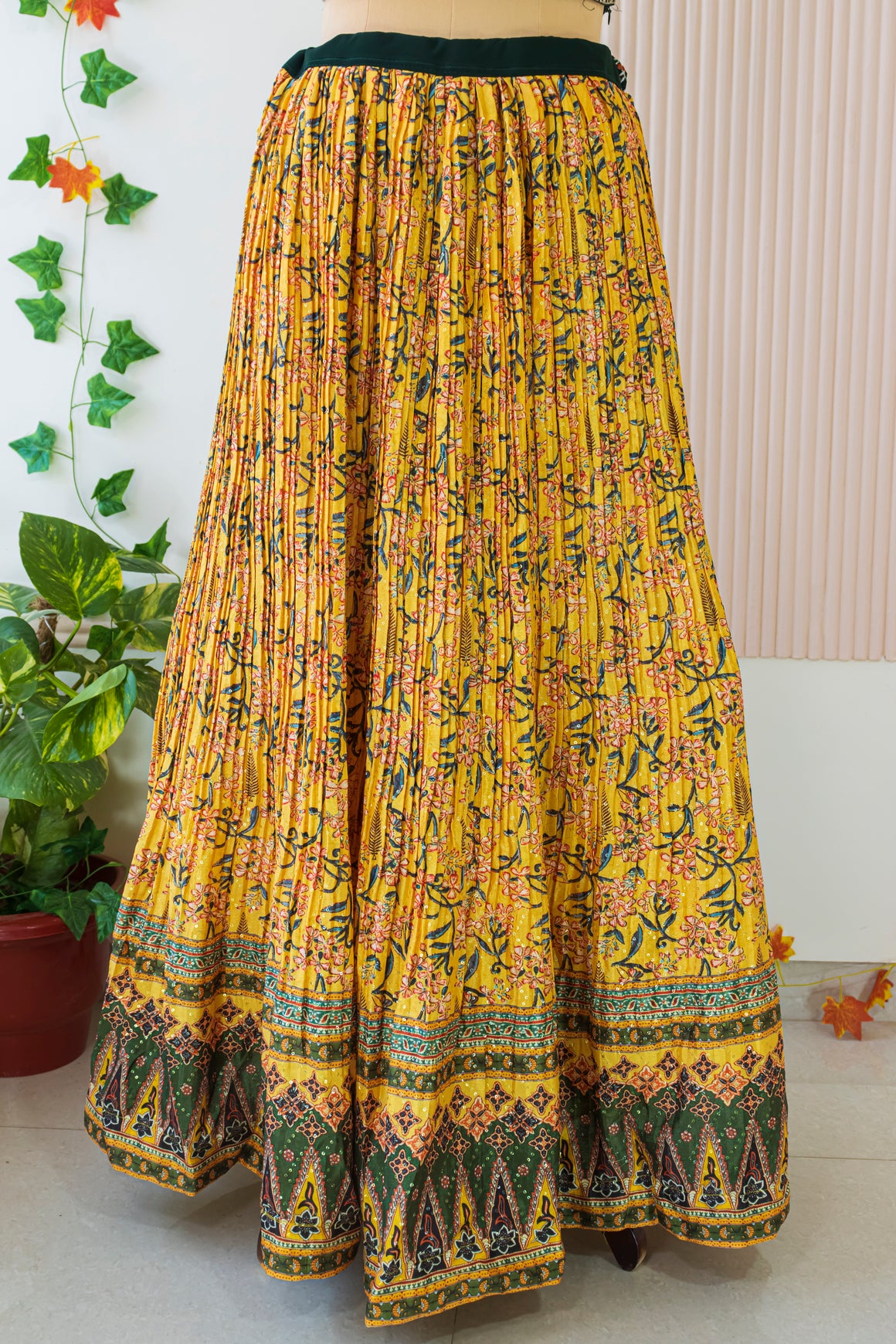 Green & Yellow Georgette Crop Top Lehenga Set