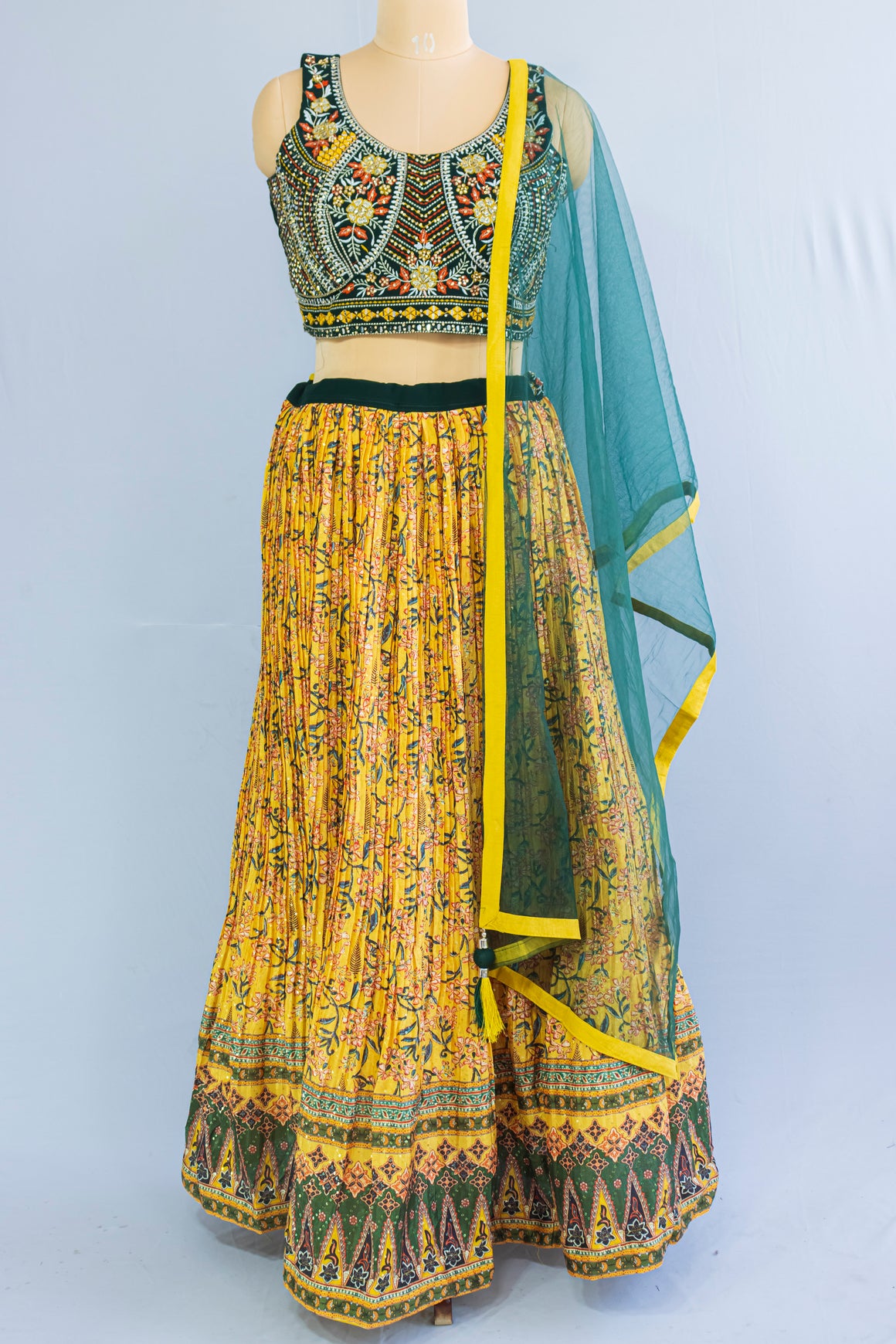 Green & Yellow Georgette Crop Top Lehenga Set