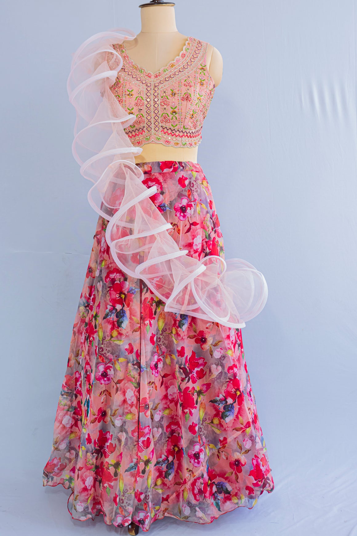 Peach Multicolor Crop Top Lehenga Set