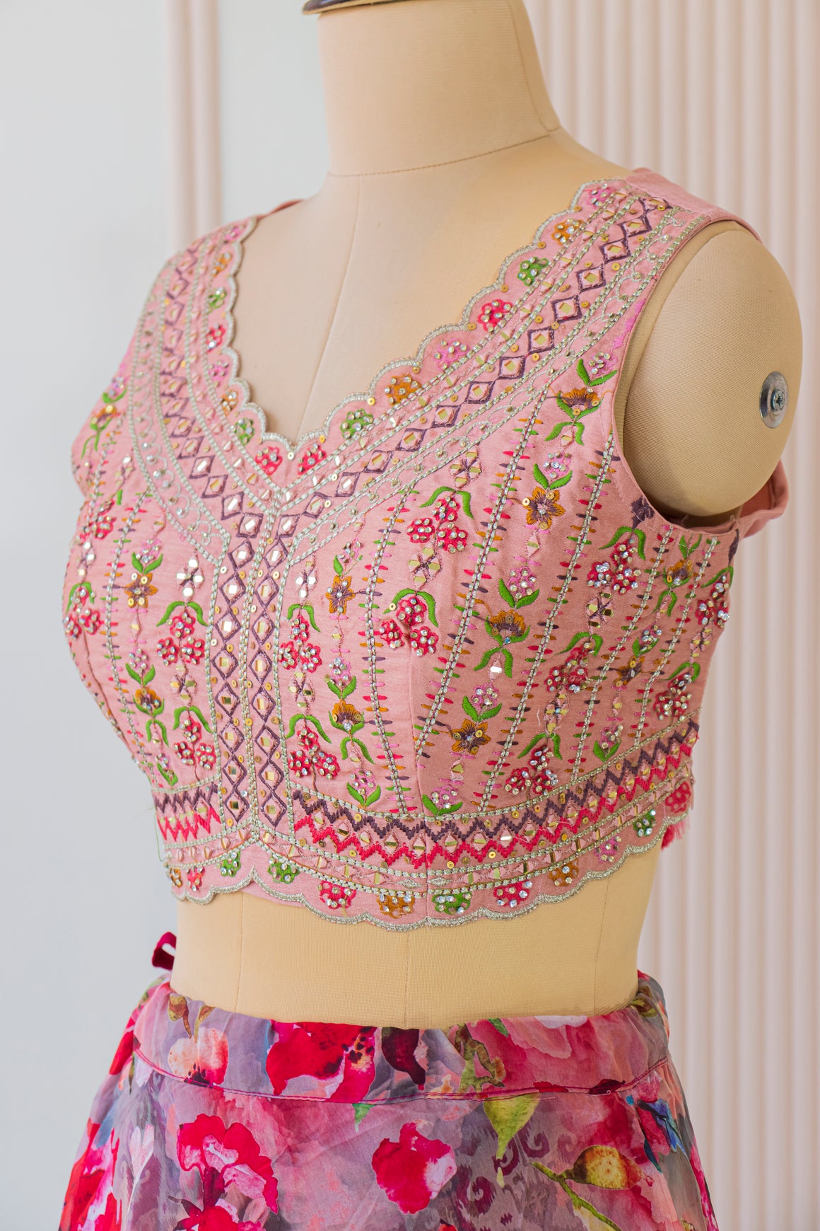 Peach Multicolor Crop Top Lehenga Set