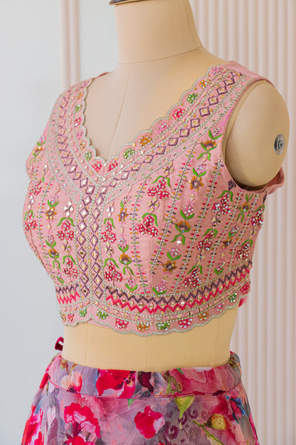 Peach Multicolor Crop Top Lehenga Set