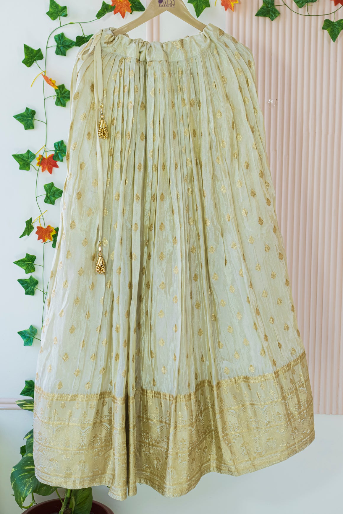 Cream Chanderi Silk Crop Top Lehenga