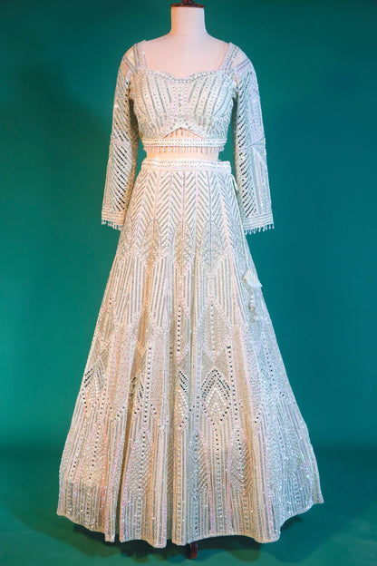 Off White Pink Net Crop Top Lehenga