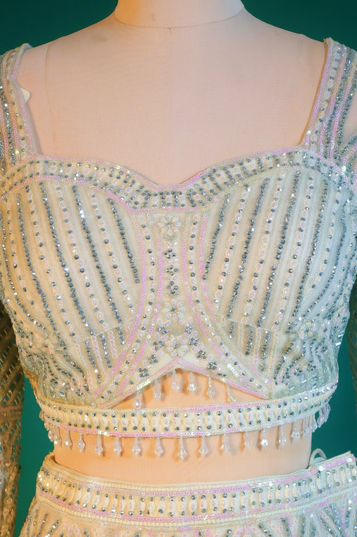 Off White & Pink Net Crop Top Lehenga