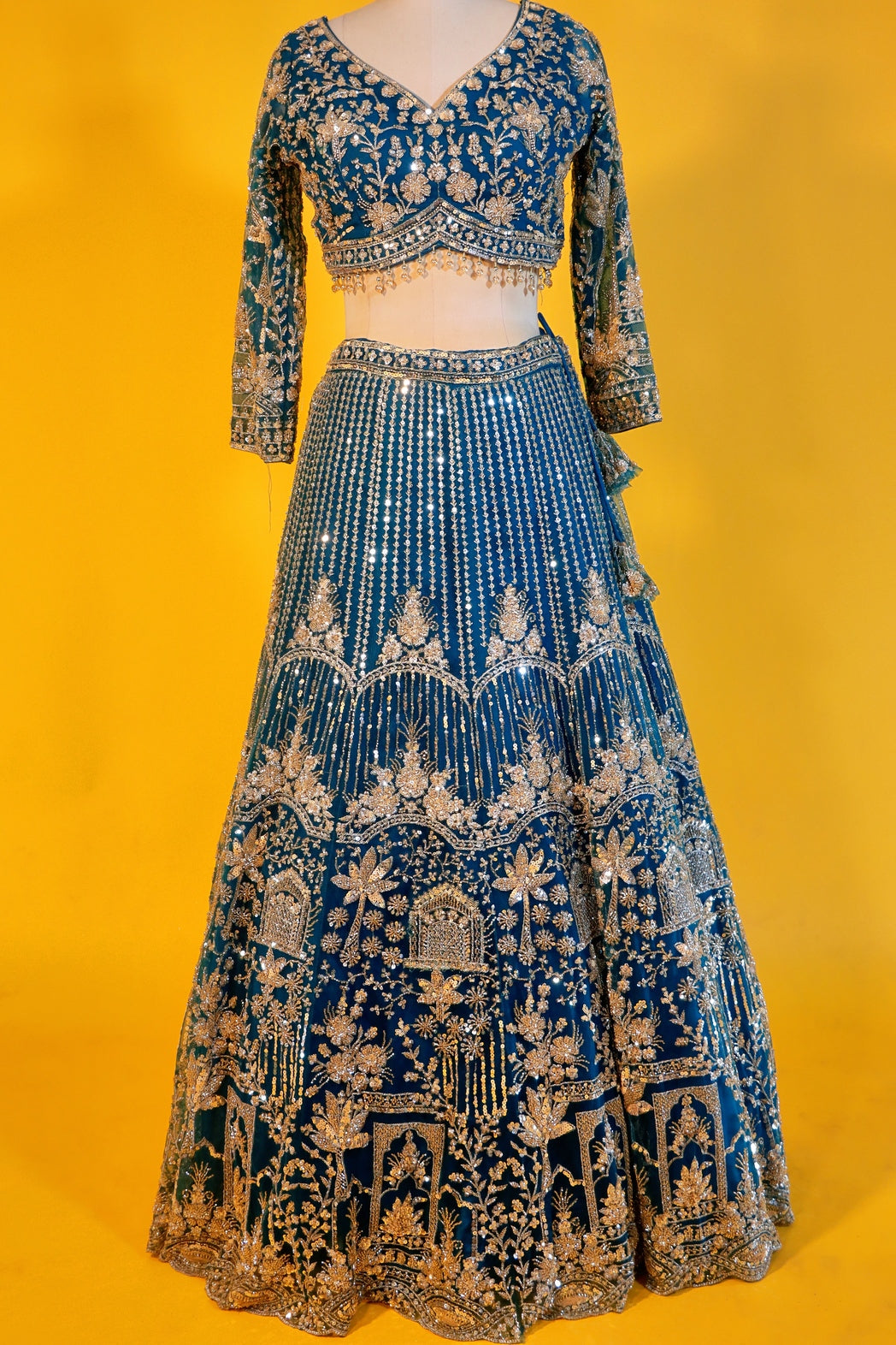 Off Bluish Grey Net Crop Top Lehenga