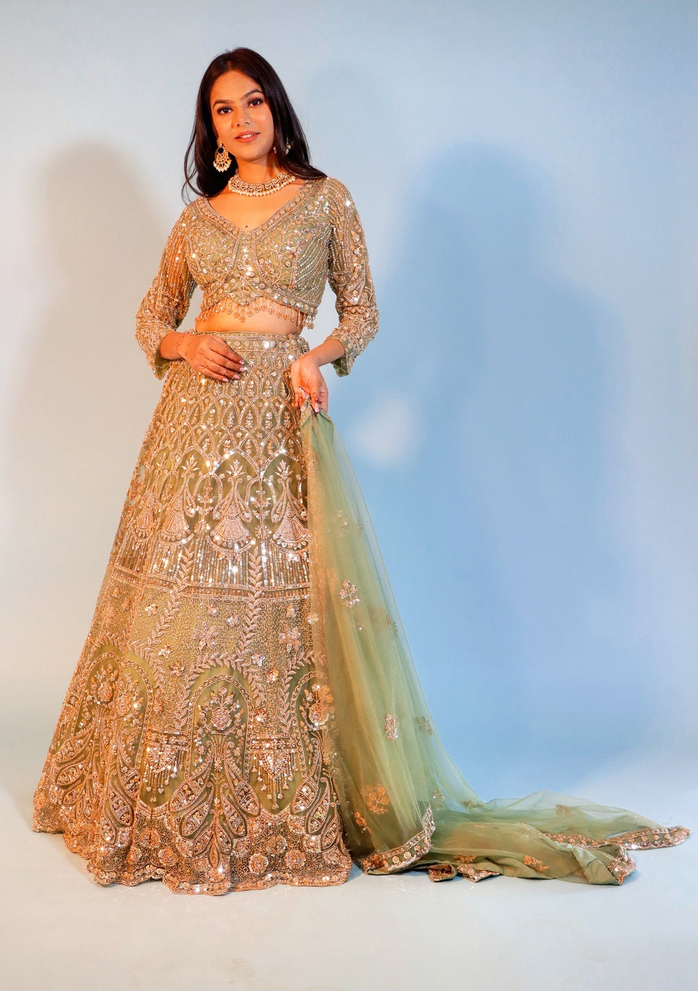 Mint Green Net Crop Top Lehenga