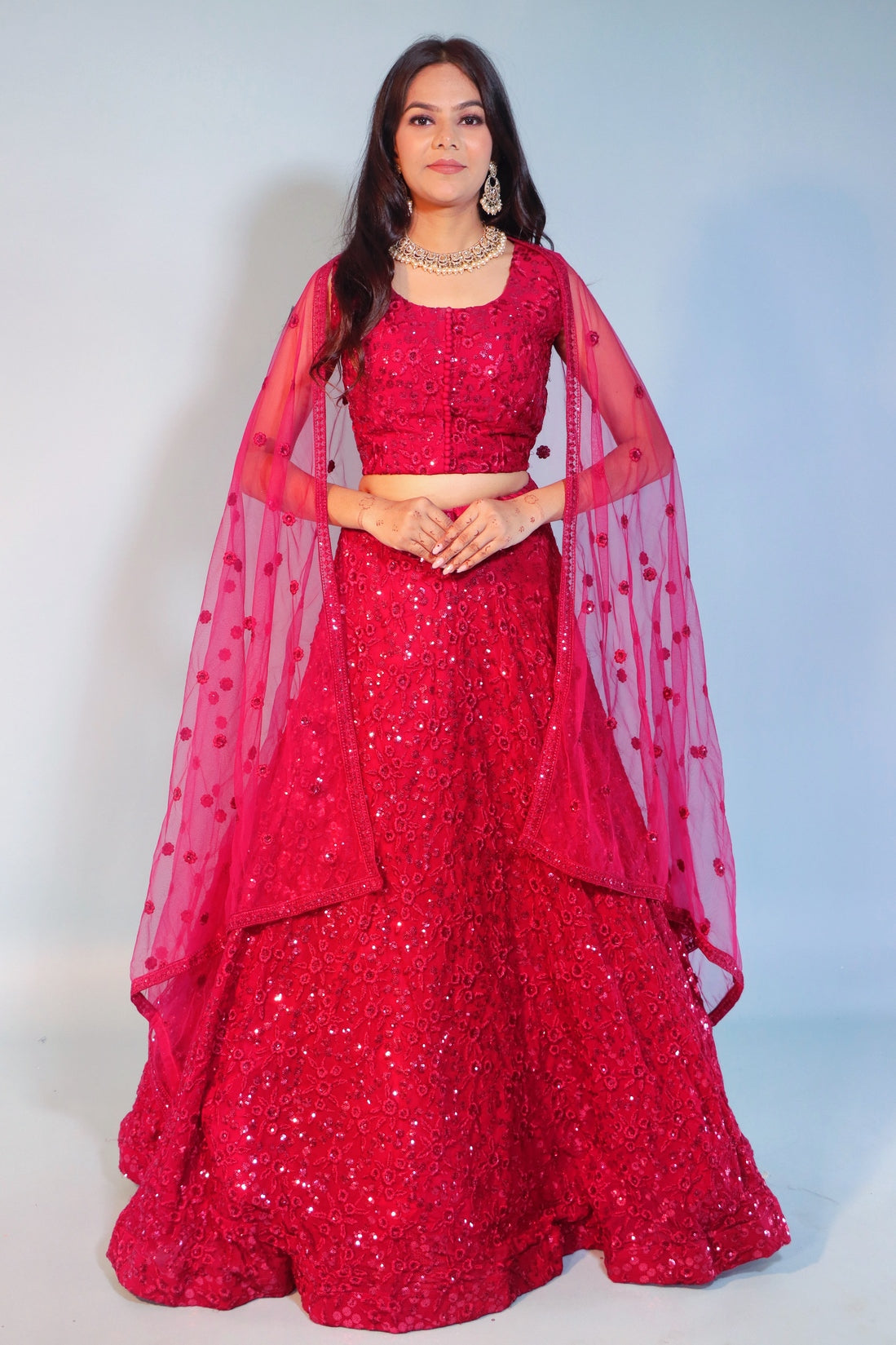 Red Georgette Crop Top Lehenga